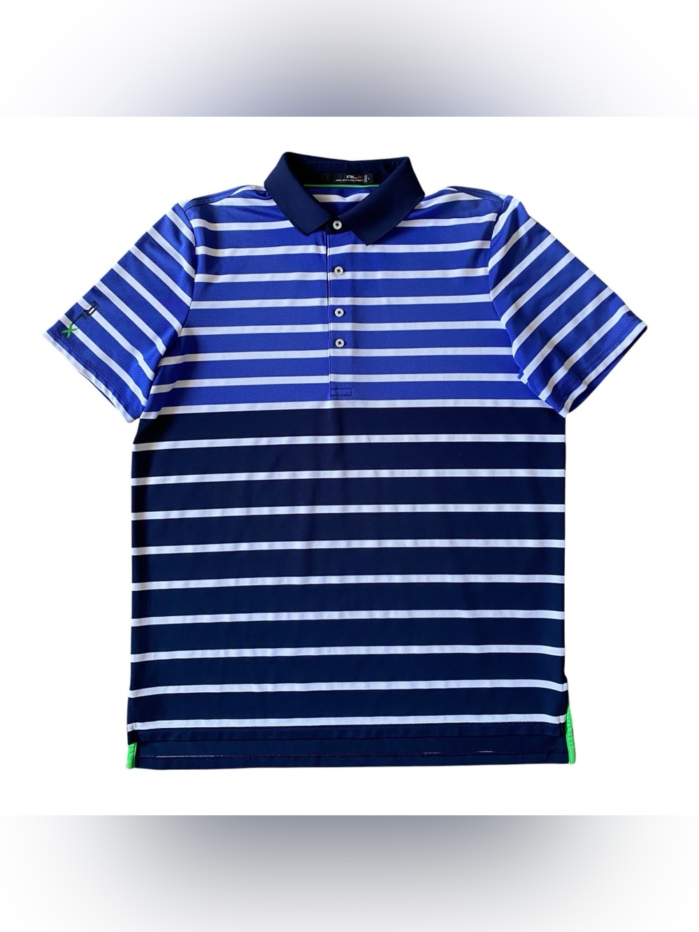 Men’s RLX Ralph Lauren Golf Polo Shirt Large Blue White Striped Short Sleeve